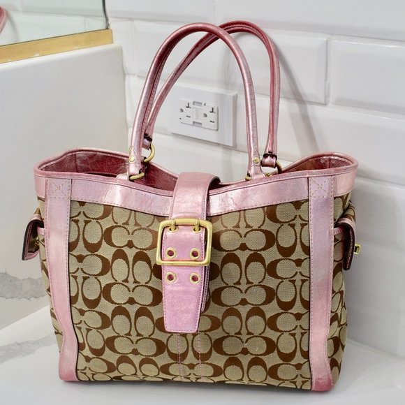 Coach Handbags - RARE Coach Signature Pink Leather Shoulder Tote